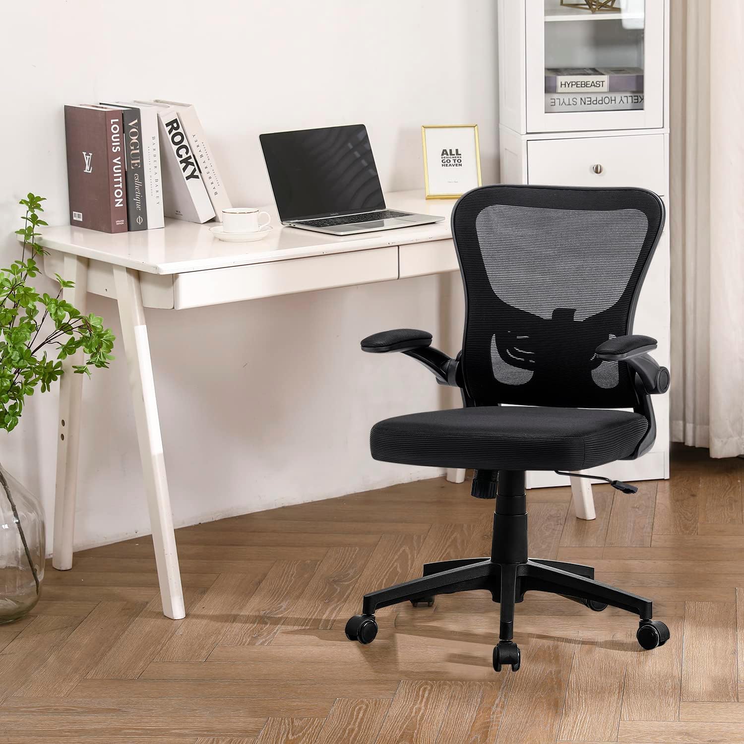 Furniliving Silla de oficina ergonómica de malla, silla de oficina en casa, silla de trabajo con respaldo medio con soporte lumbar, función de