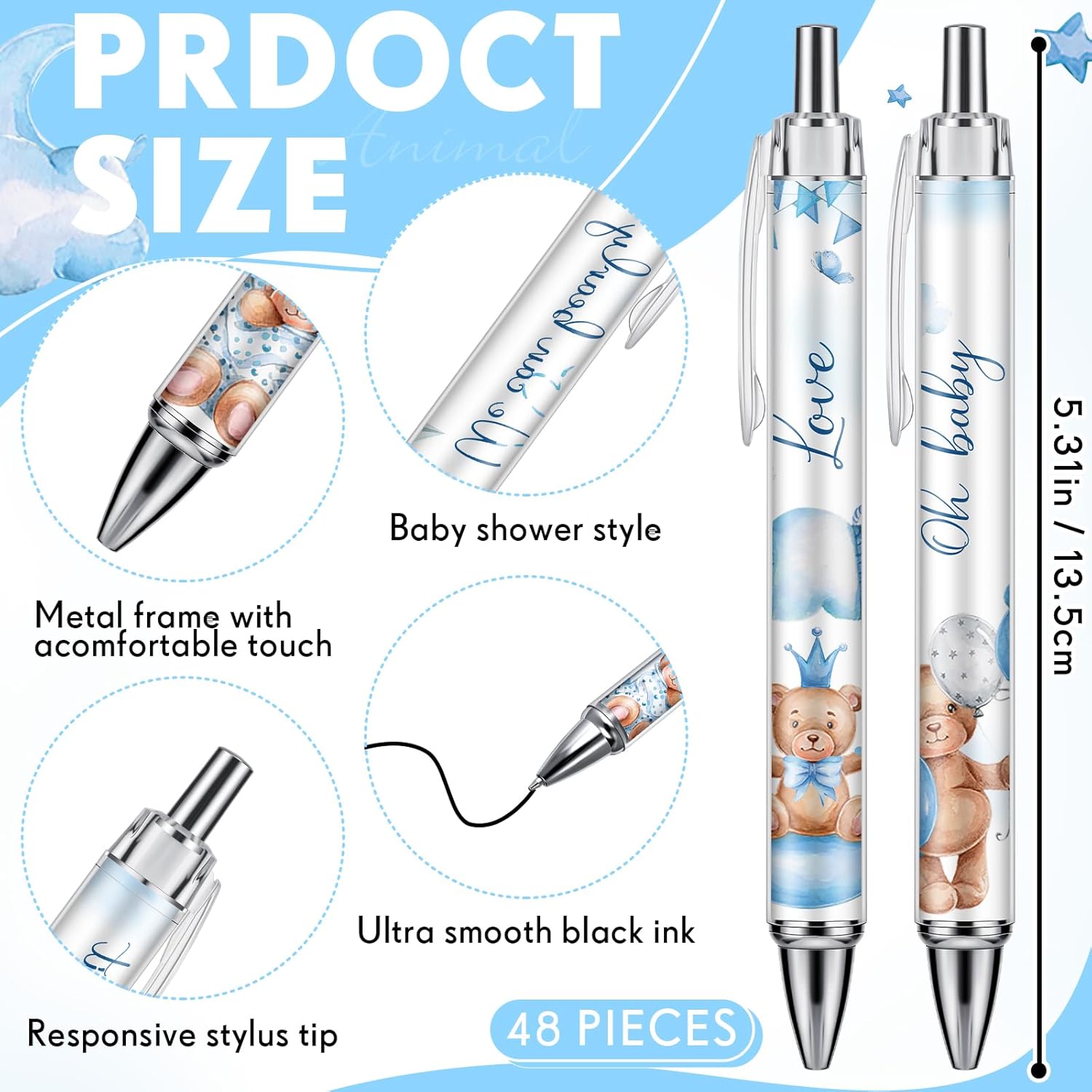 Chuangdi 48 bolígrafos retráctiles para baby shower, bolígrafos retráctiles a granel, bolígrafos de tinta negra con punta de lápiz capacitivo,