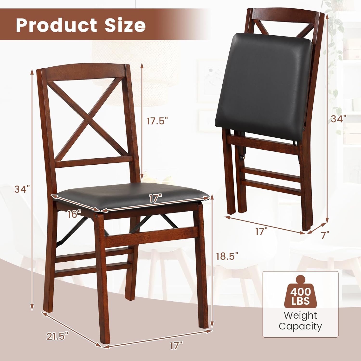 Giantex Juego de 2 sillas de comedor plegables de madera con asiento acolchado, marco de madera maciza, carga máxima de 400 libras, sin montaje,