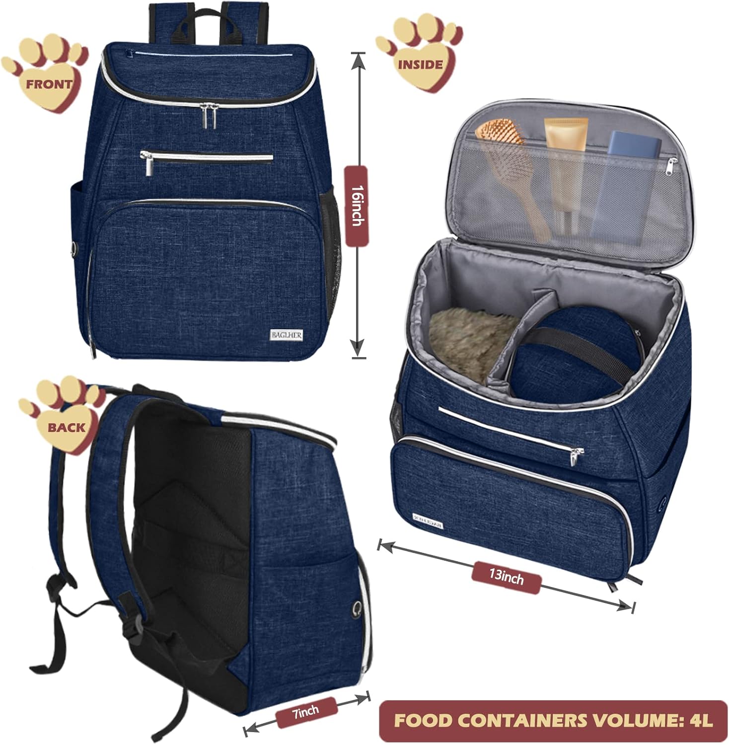 BAGLHER Mochila de viaje para perros, mochila de suministros para mascotas aprobada por aerolíneas, mochila de viaje para perros con 2 cuencos