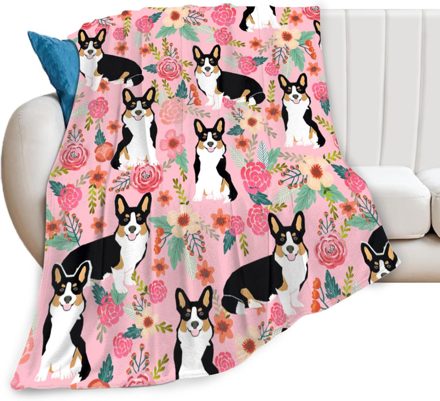 Manta de Corgi regalos para las amantes de Corgi para mujeres, lindas flores corgis, manta de franela de forro polar, suave y cálida manta rosa para