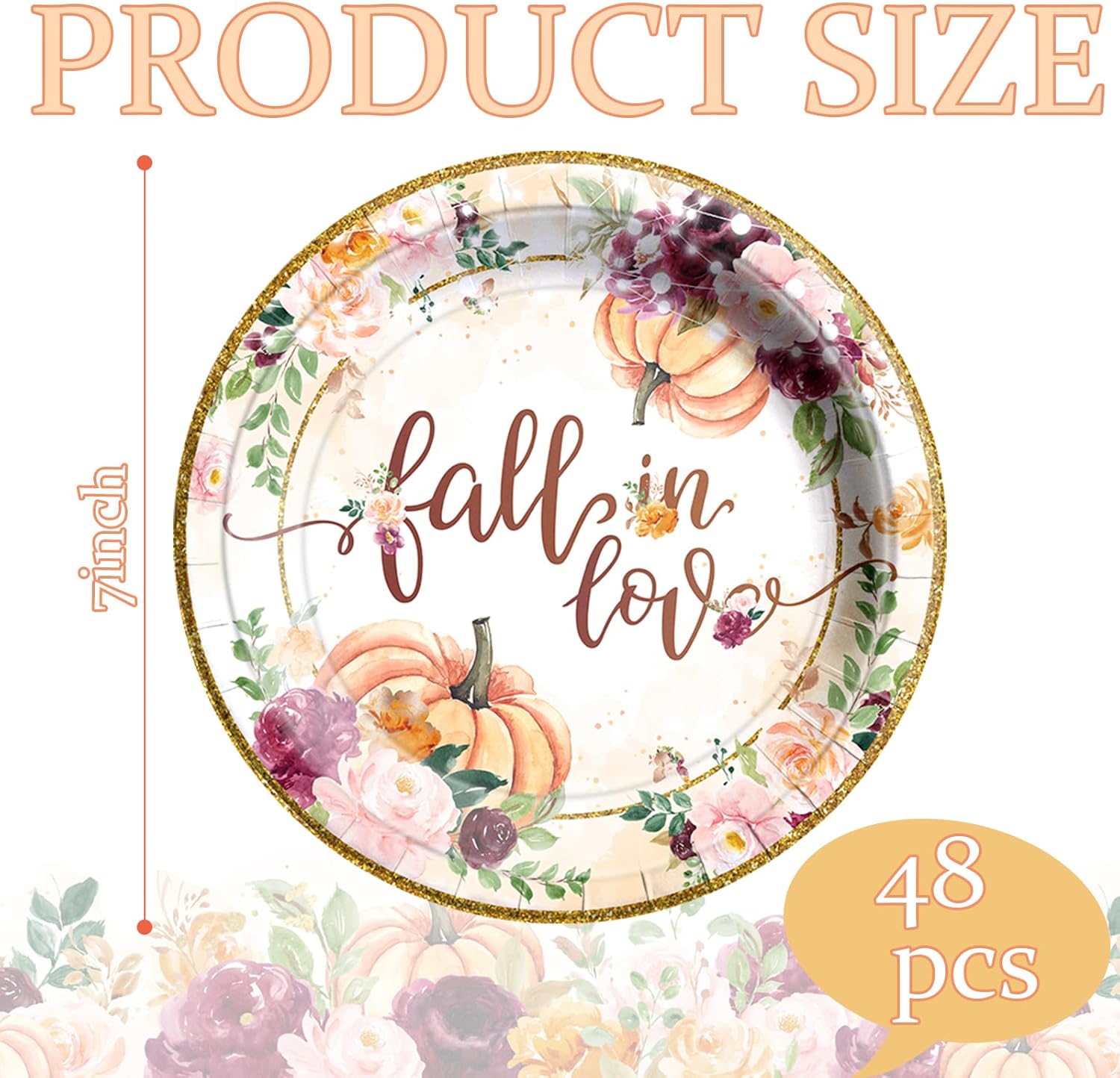 HAKOTI Decoraciones de fiesta de enamoramiento, 48 platos de papel de otoño, con temática floral de calabaza, juego de platos de papel de postre