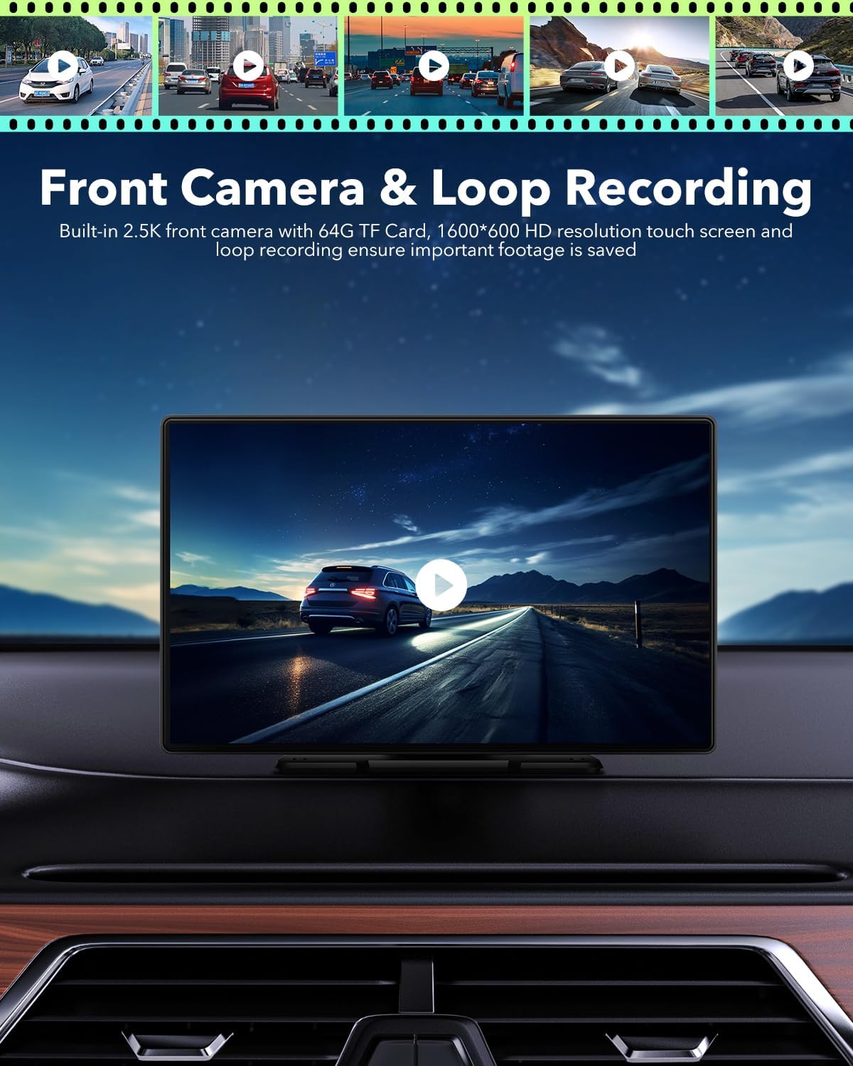 LAMTTO Estéreo inalámbrico portátil para automóvil Apple Carplay con cámara de tablero de 2.5 K, navegación GPS de pantalla táctil de 9 pulgadas