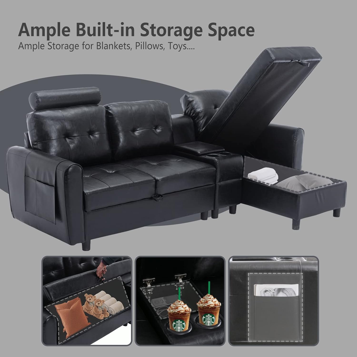 Sofá para sala de estar, sofá de cuero negro con portavasos y gran espacio de almacenamiento debajo del sofá para dormitorio, estudio de oficina