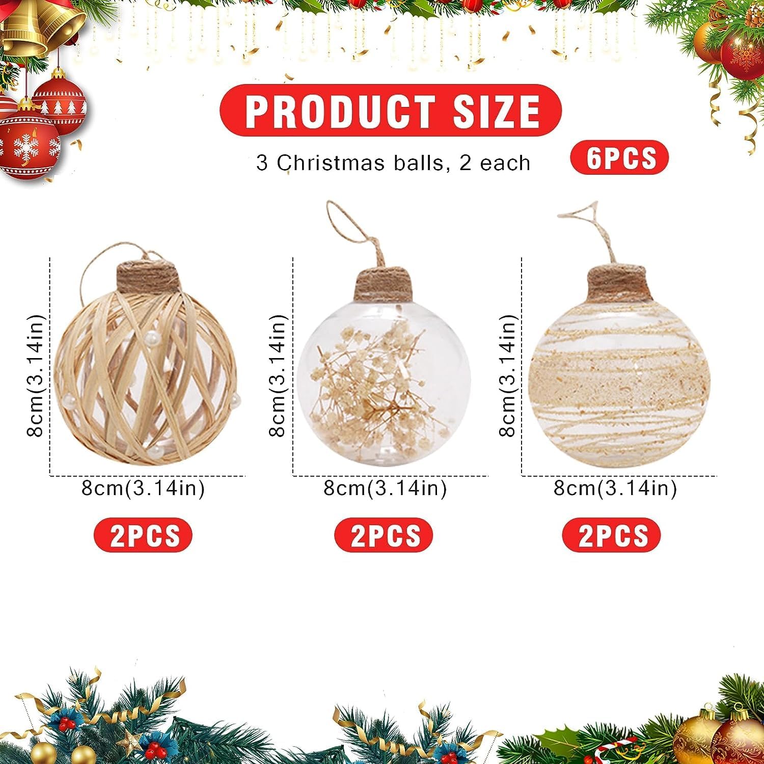 Adornos – Juego de 6 adornos de bolas de Navidad de 3.150 in3.15 pulgadas, adornos de Navidad con cordel transparente, inastillables, decoración de