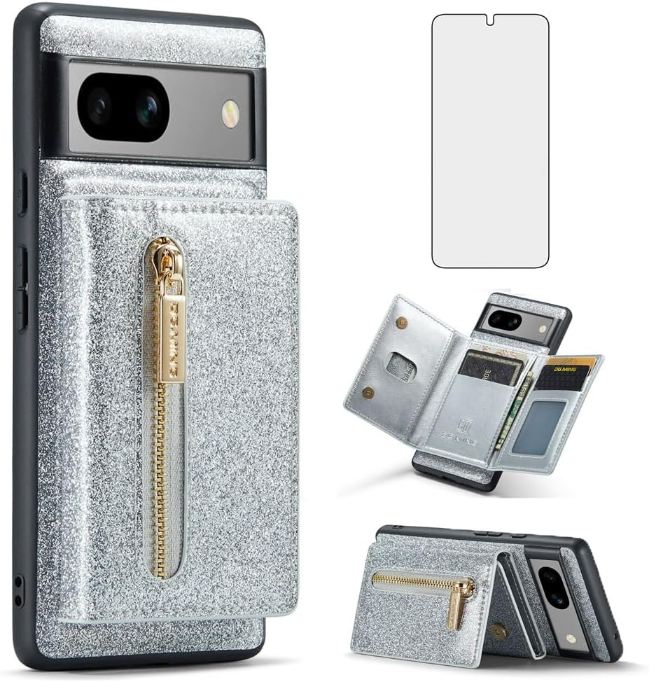 Asuwish Funda de teléfono para Google Pixel 7A 5G 2023 con protector de pantalla de vidrio templado y ranura para tarjeta de crédito, soporte con