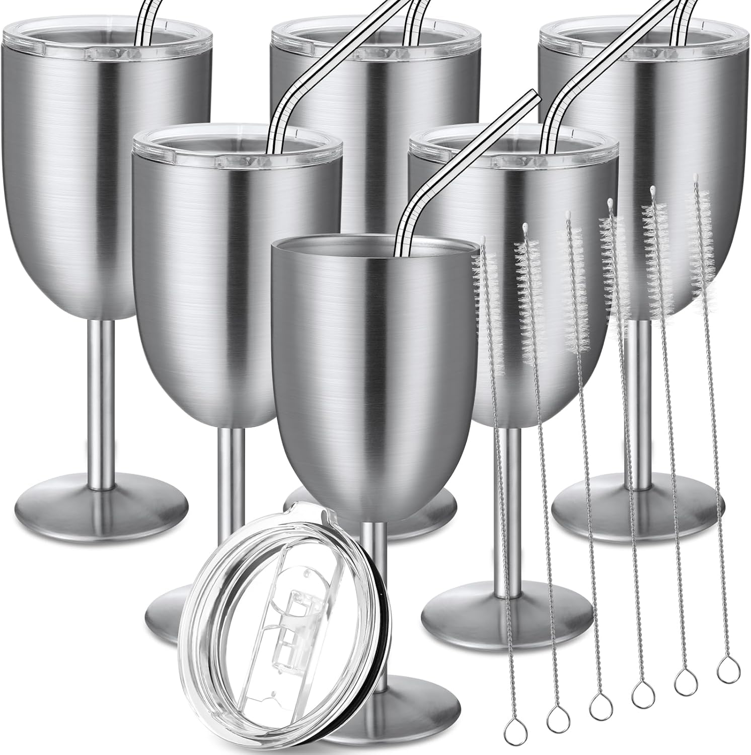 Photect Paquete de 6 copas de vino de acero inoxidable con tapa, 10 onzas, doble pared aislada, copas irrompibles con popote para beber y cepillo