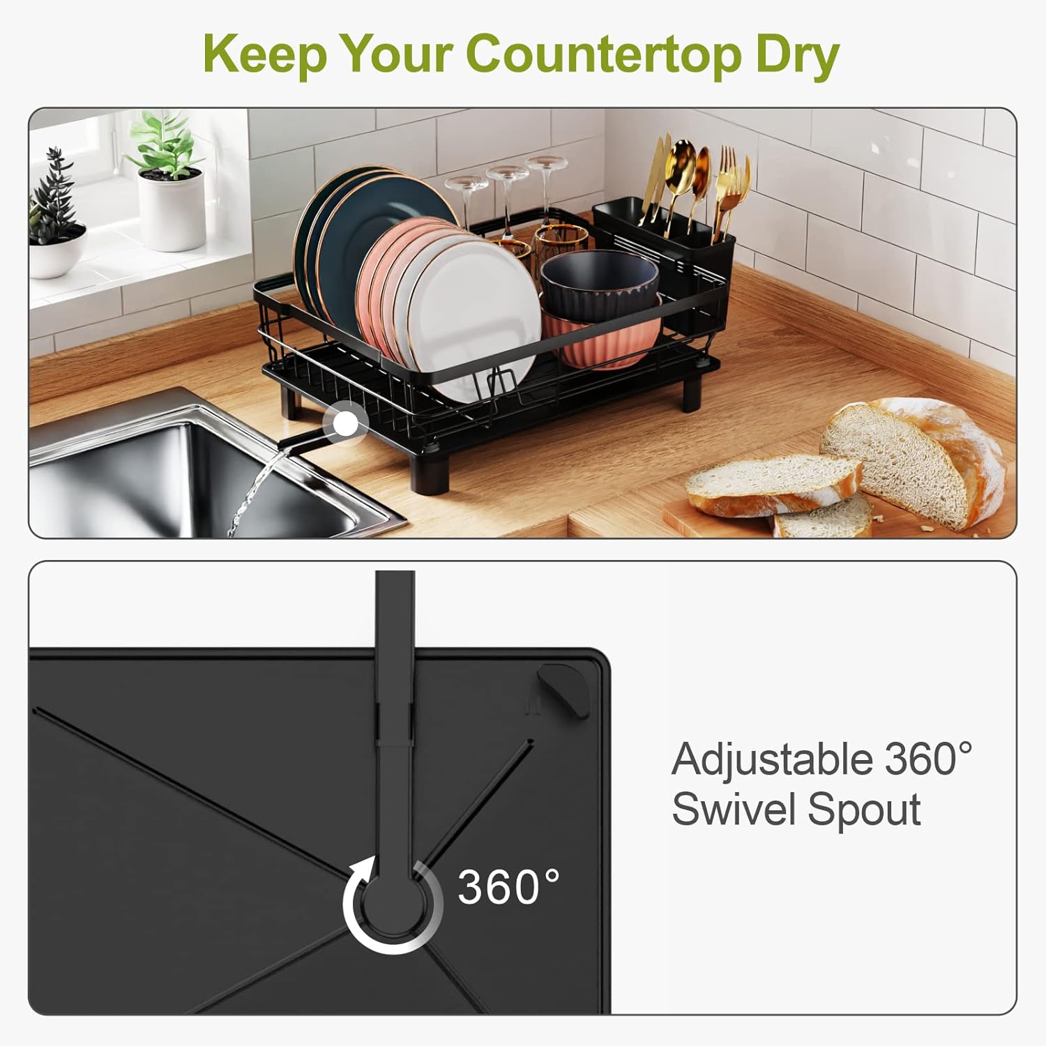 GSlife Escurridor de platos con escurridor, escurridor de platos para encimera de cocina con 12 ranuras para platos, resistente al óxido con patas