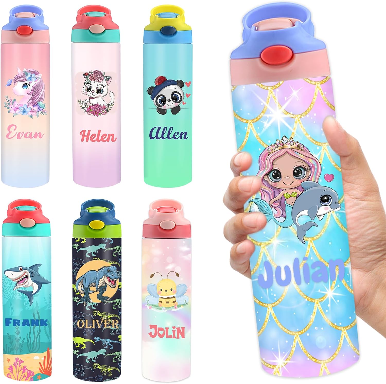Botellas de agua personalizadas para niños, botellas de agua personalizadas de 20 onzas con nombre para niñas y niños, tazas aisladas personalizadas