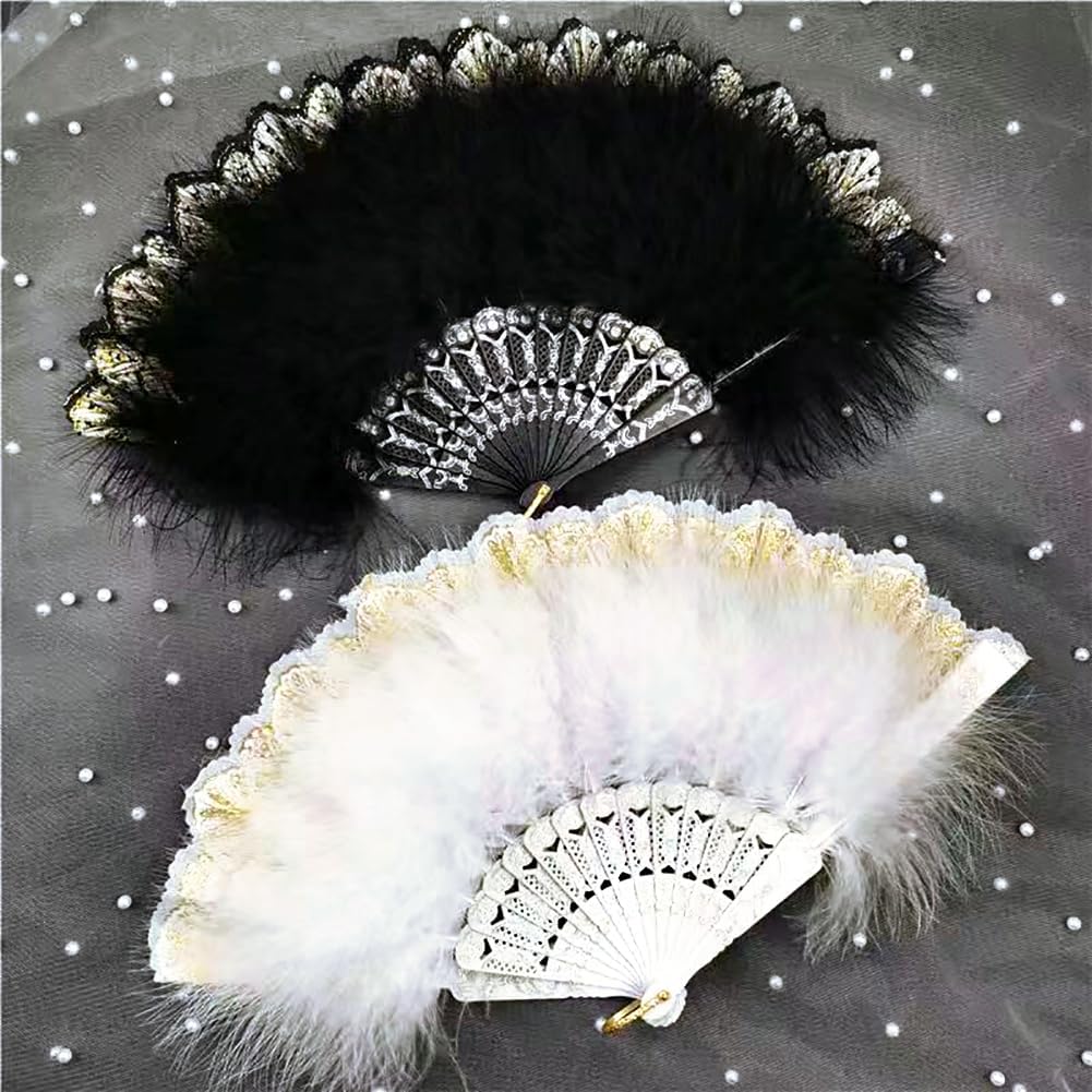 Abanico de mano de plumas bordado, flor de marabú, abanico de plumas de los años 20, ventilador de mano plegable, ventilador de mano drag queen para