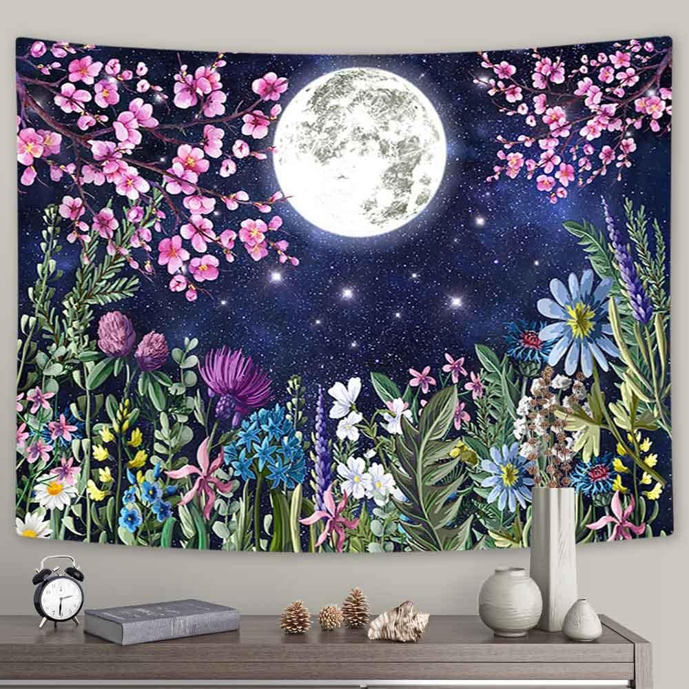 Boziqr Tapiz estético de flores de luna, cielo estrellado, tapiz floral para colgar en la pared para dormitorio, tapiz de paisaje natural,