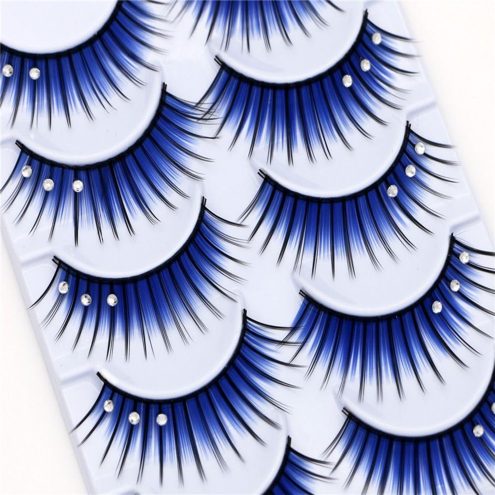 Okdeals 5 pares de pestañas con purpurina 3D de color azul esponjoso para cosplay con diamantes de imitación, pestañas de manga dramáticas azules de
