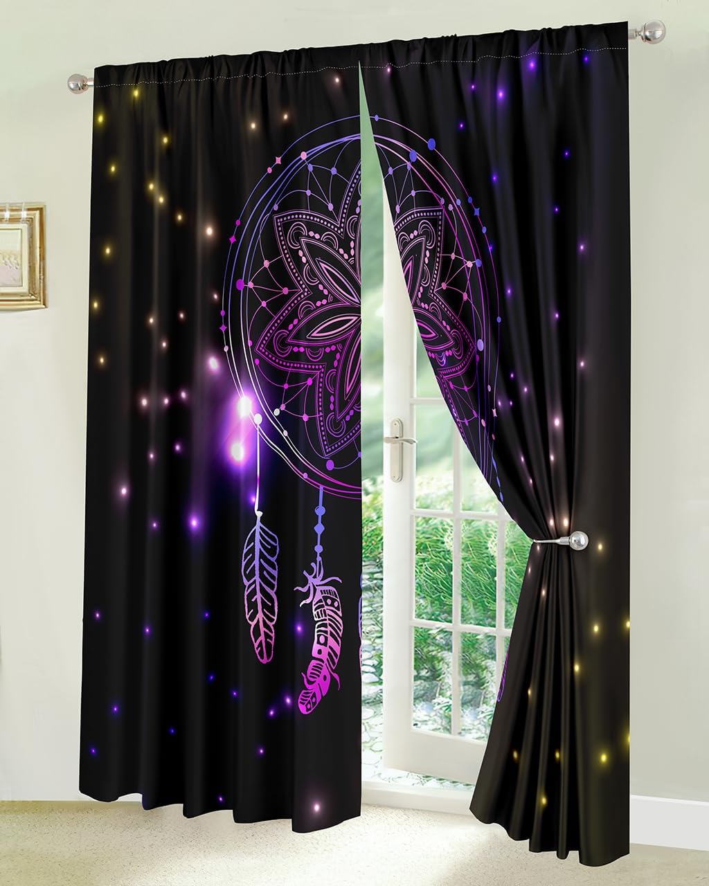 2 paneles de cortina de oscurecimiento de habitación, atrapasueños negro violeta con adorno y estrellas de cielo nocturno, cortinas opacas con