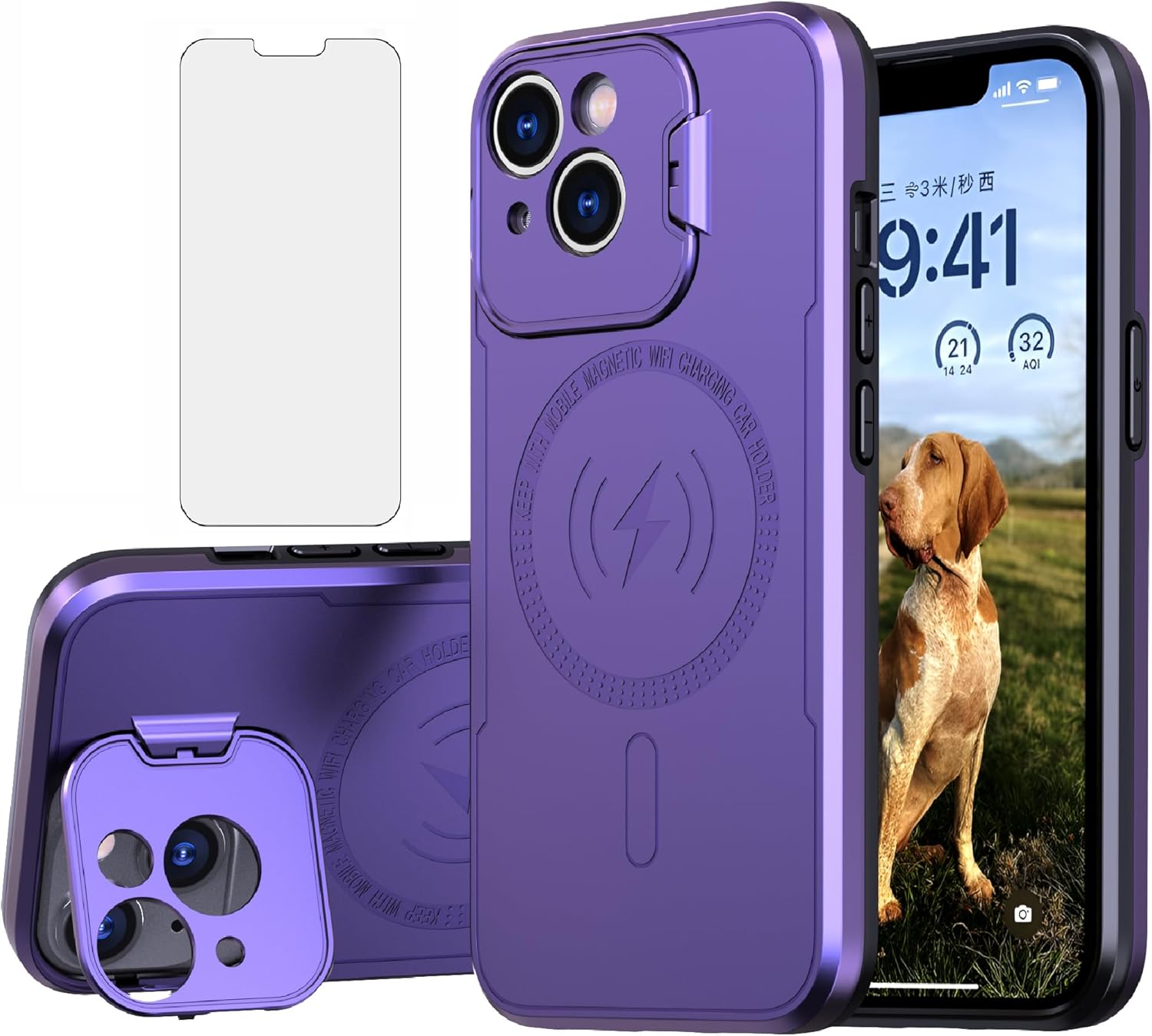 Asuwish Funda de teléfono para iPhone 13 de 6.1 pulgadas con protector de pantalla de vidrio templado Magsafe y soporte delgado, funda rígida
