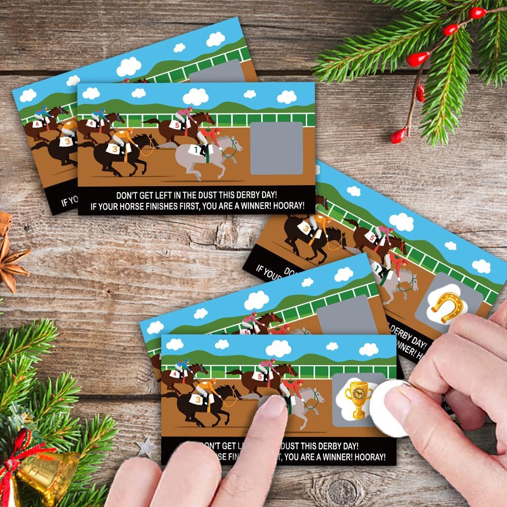 REWIDPARTY Tarjetas de juego para raspar para fiesta de carreras de caballos (32 piezas) Kentucky Horse Derby Scratch Off Tickets Festive Raffle