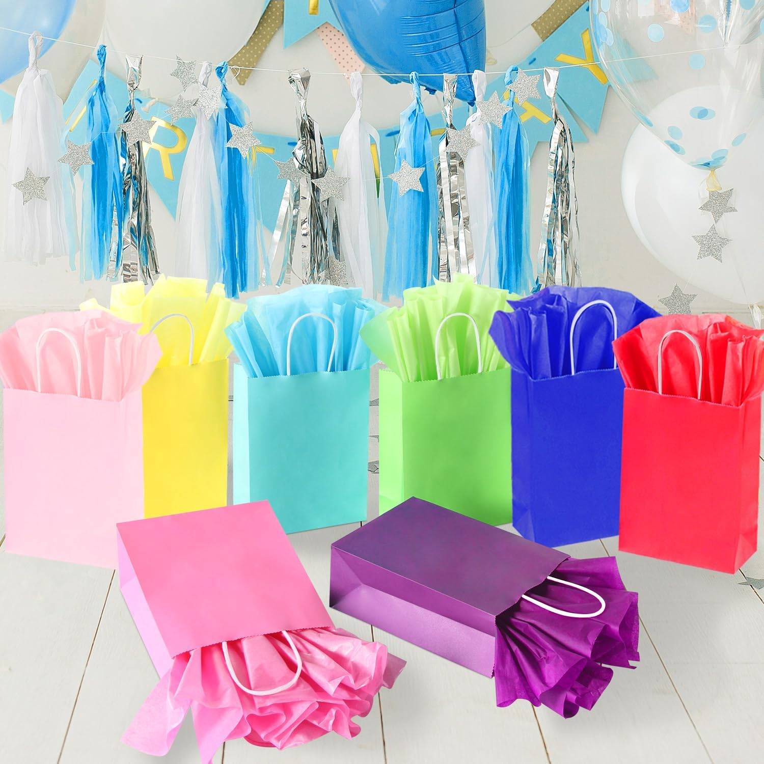 BLEWINDZ 24 bolsas de regalo pequeñas con pañuelos, bolsas de regalo de fiesta para niños, bolsas de regalo arcoíris para cumpleaños, baby showers,