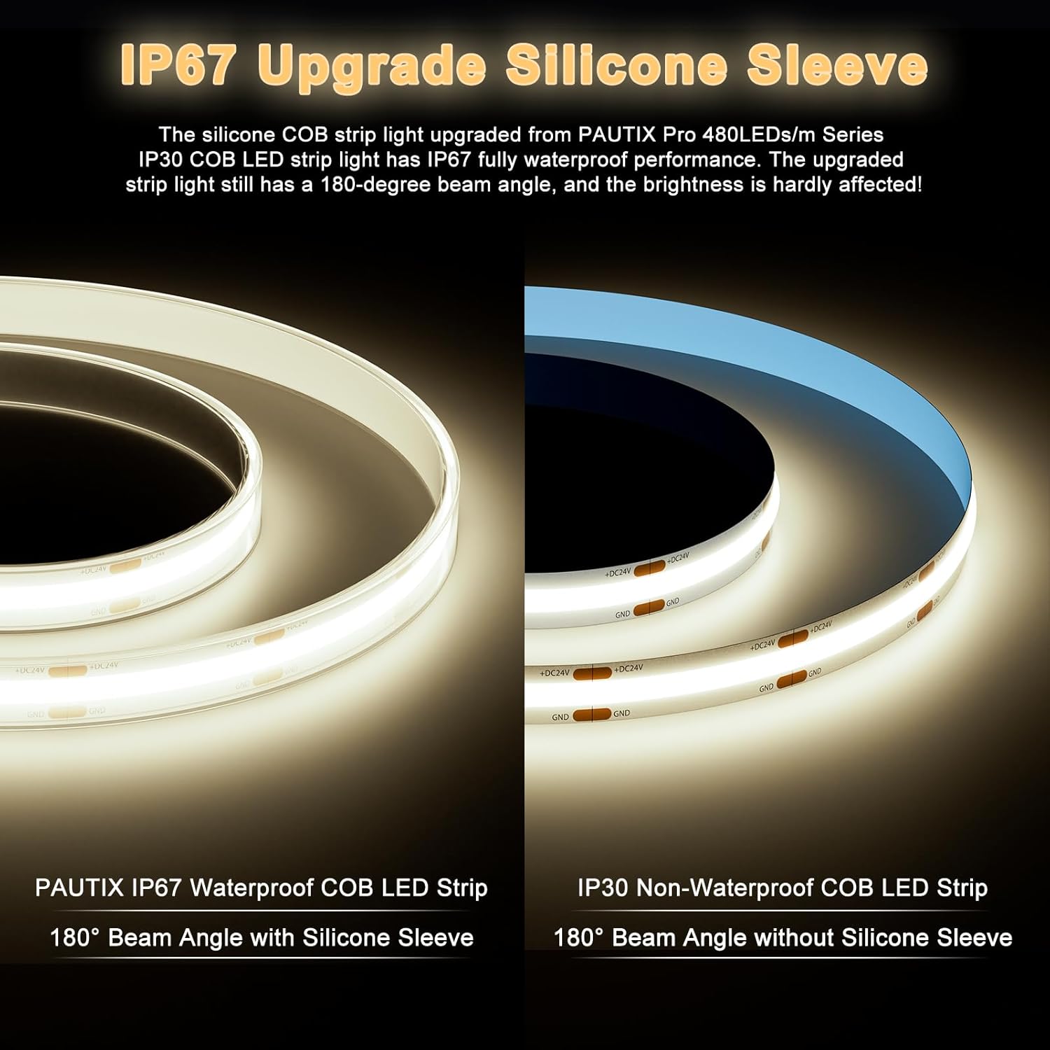 PAUTIX COB – Tira de luz LED IP67 impermeable de 20 pies20.0 ft, 4000 K blanco natural 2928 LED CRI90+ 24V súper brillante, tira de luz LED de