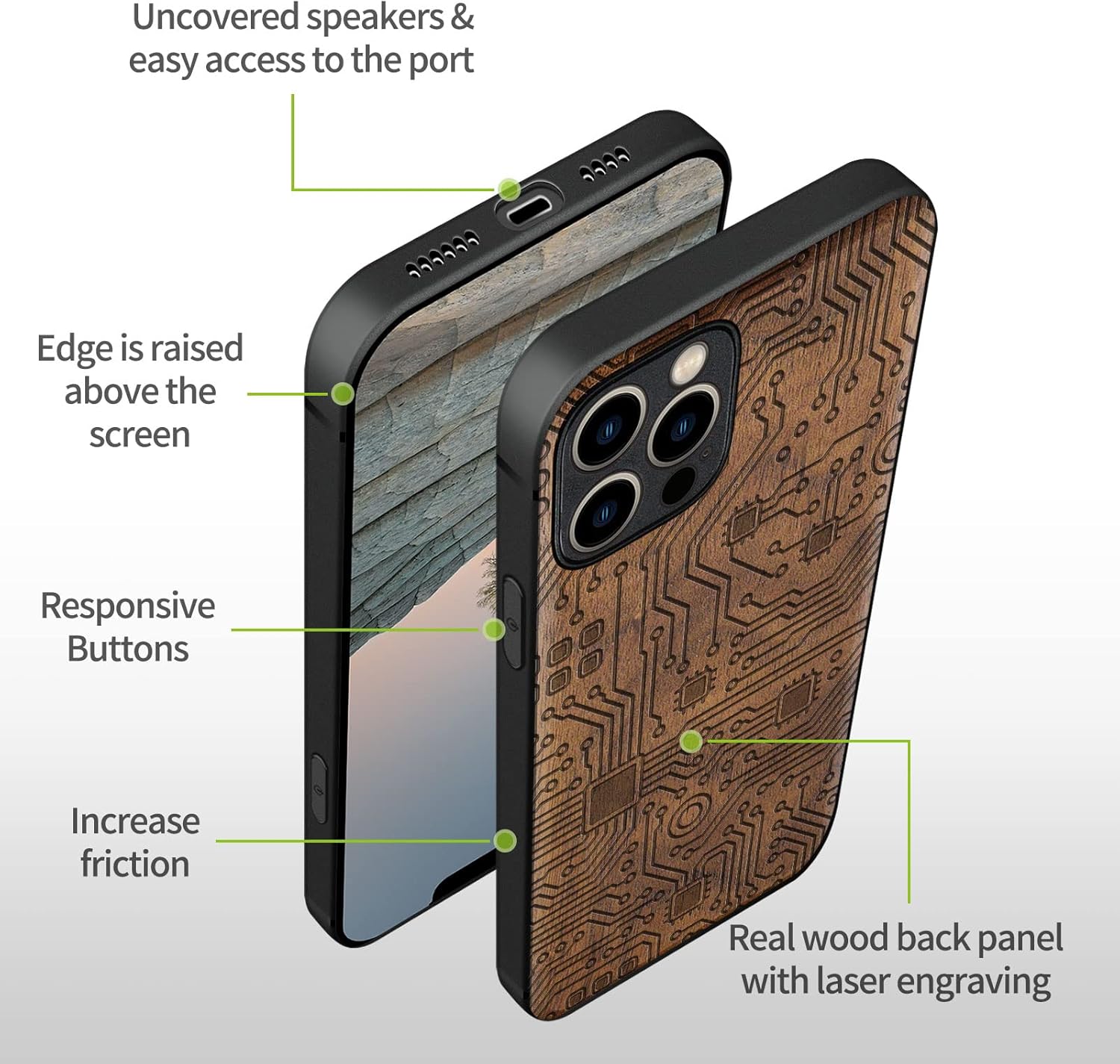 Carveit Funda magnética de madera para iPhone 12 Pro madera natural y TPU suave negro a prueba de golpes, funda protectora única y elegante de