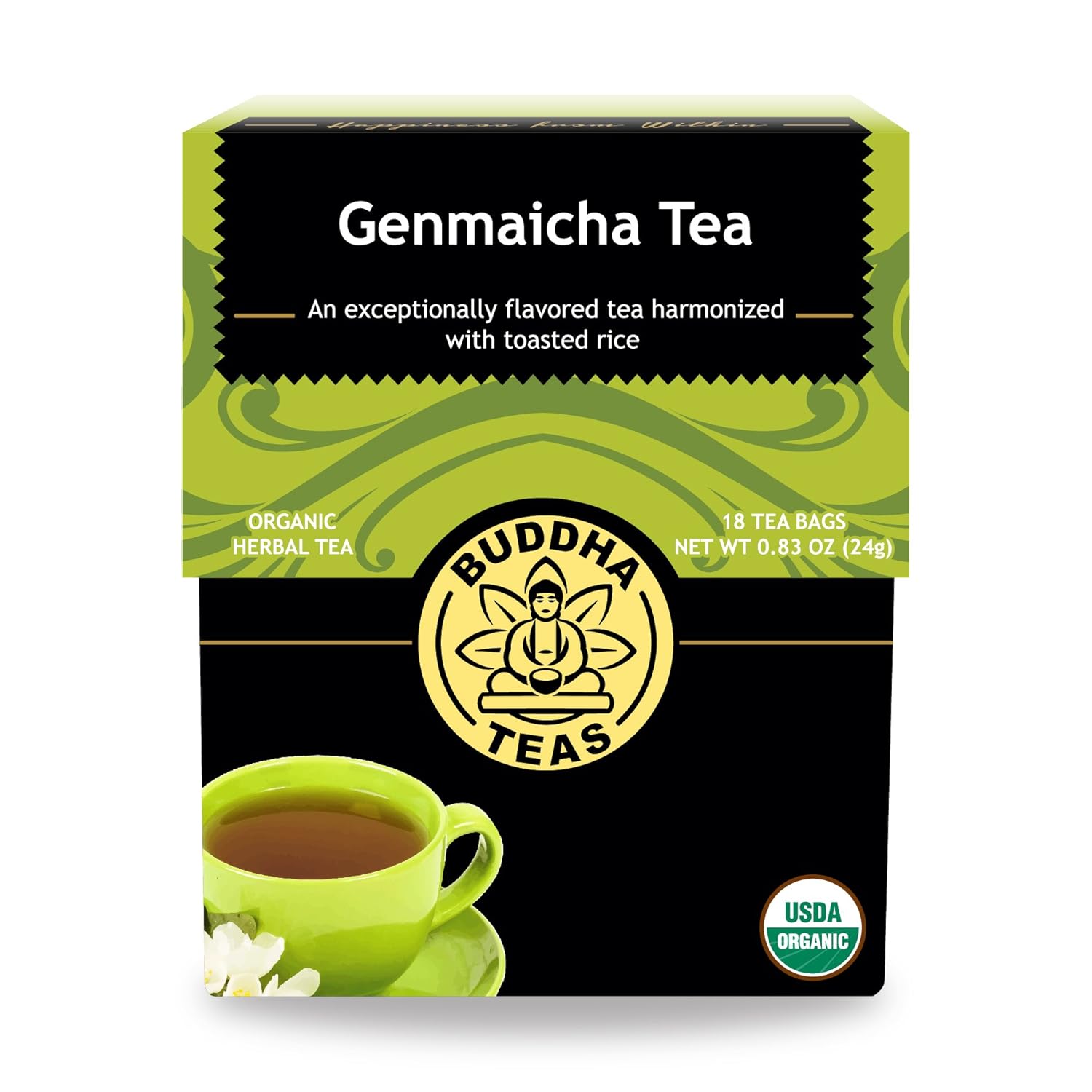 Buddha Teas Té verde orgánico Genmaicha – OU Kosher, USDA orgánico, CCOF orgánico, 18 bolsas de té sin blanqueador