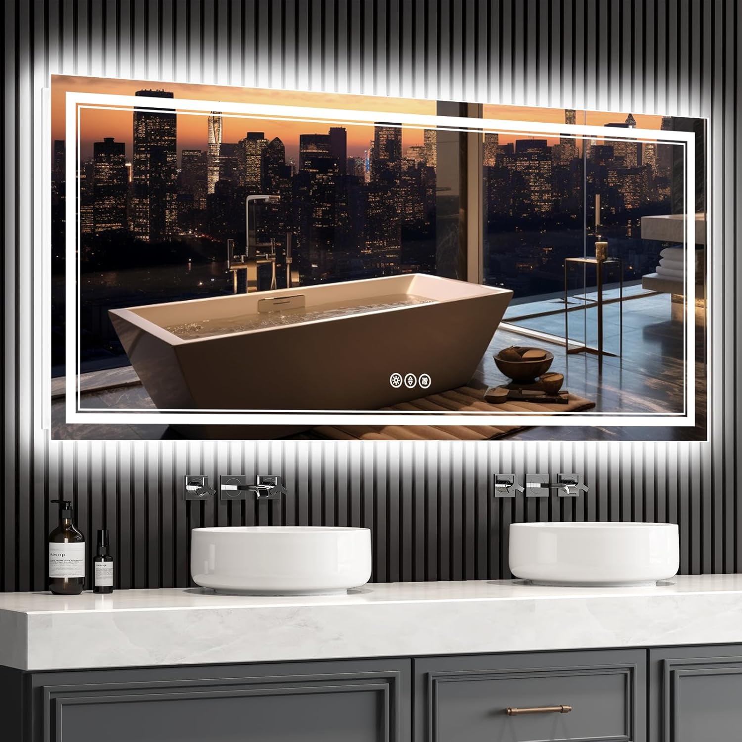 SOGOLINE Espejo LED de tocador de baño de 60 x 28 pulgadas, espejo de baño delantero y retroiluminado con luces, vidrio templado superior, antivaho,