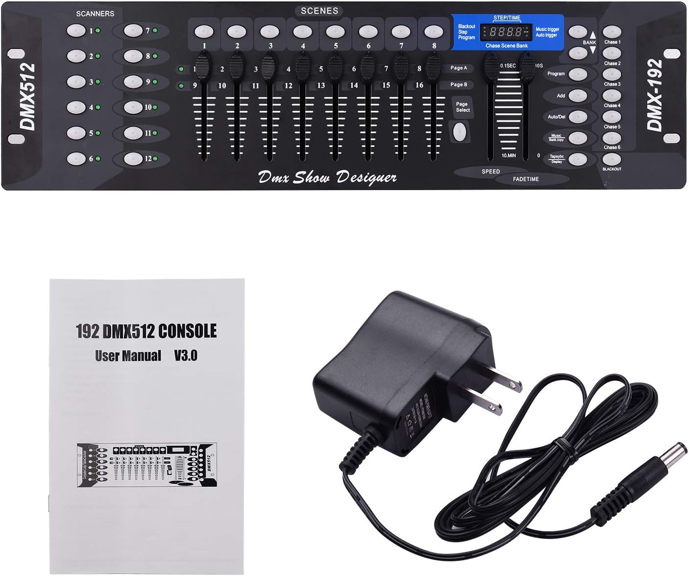 JINGFENG DMX512 Panel de consola controlador de luz 192CH Función de programación Activado por sonido con antena de pantalla LED para escenario DJ