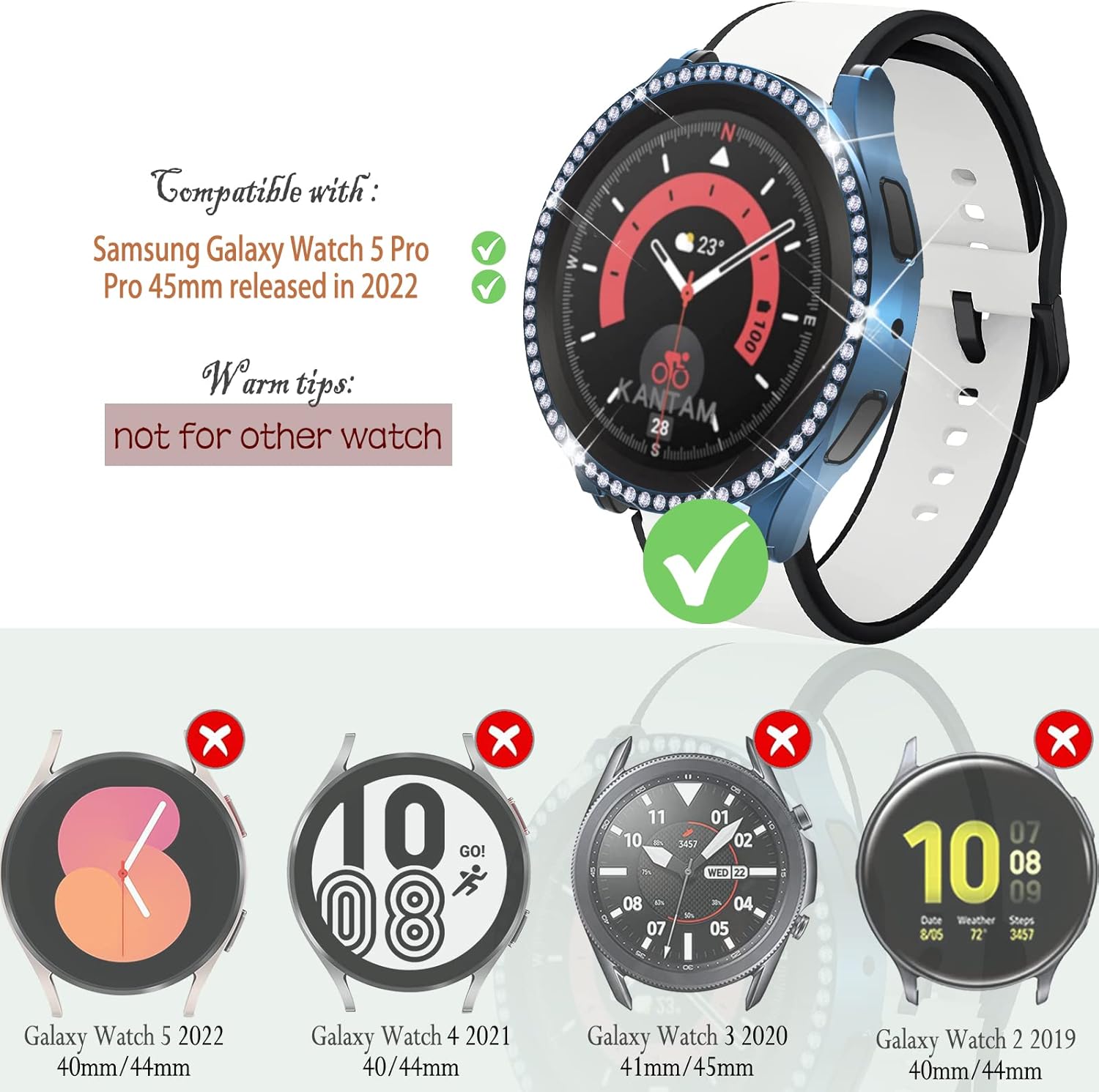 Funda brillante de 1.772 pulgadas compatible con Samsung Galaxy Watch 5 Pro de 1.772 pulgadas, funda brillante con diamantes grandes, cubierta de