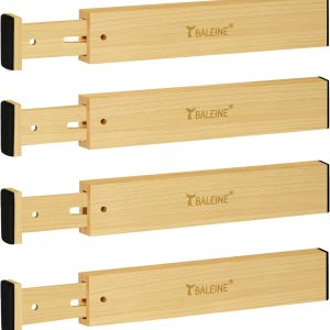 BALEINE Divisores de cajones de cocina de bambú, organizadores de cajones ajustables, con resorte, funciona en la cocina, aparador (grande, 4 BALEINE Divisores de cajones de cocina de bambú, organizadores de cajones ajustables, con resorte, funciona en la cocina, aparador (grande, 4