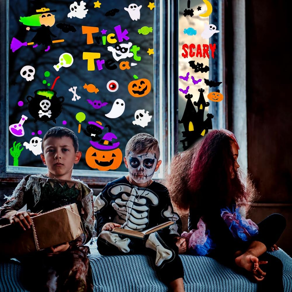 JOICEE Calcomanías gruesas de gel para Halloween para niños, lindas calabazas, brujas, murciélagos, gatos negros, calcomanías para decoración de