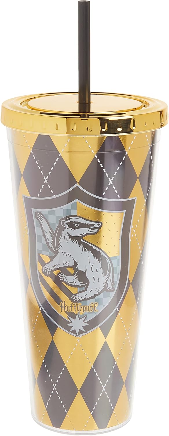 Spoontiques Harry Potter – Vaso de aluminio, con pajilla y diseño de Hufflepuff, 20 onzas, acrílico, color amarillo