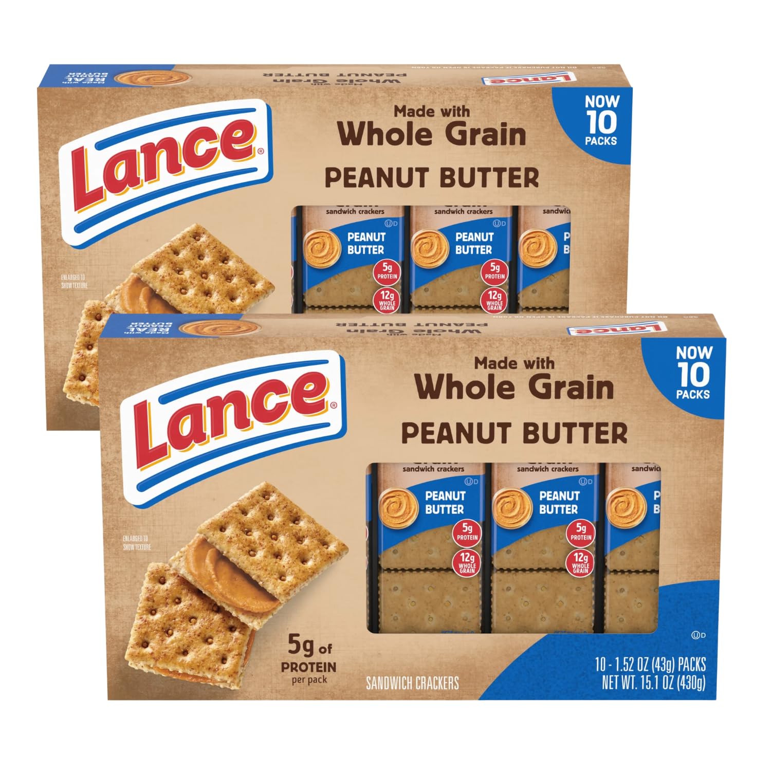 Galletas sándwich de grano entero, mantequilla de maní, 2 cajas, 10 paquetes de 6 sándwiches cada una, 24.2 onzas
