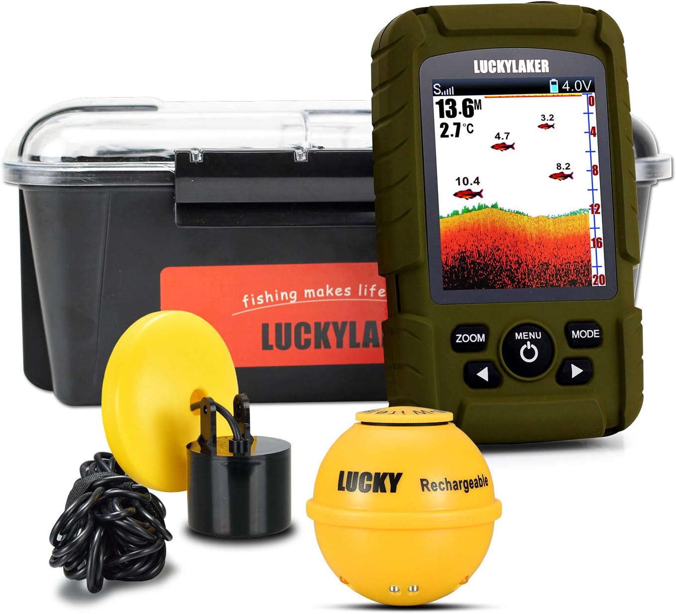 LUCKY Buscador de peces inalámbrico de mano para barco, transductor con cable, sensor sonar, impermeable, portátil, buscadores de profundidad para
