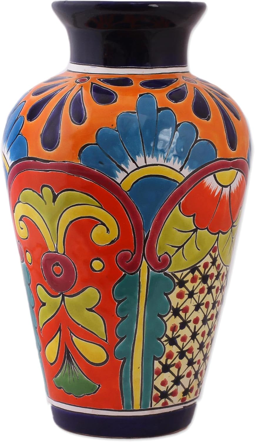 NOVICA Jarrón de cerámica artesanal hecho a mano Talaverastyle hecho a mano en México, multicolor, floral, Hacienda ‘Floral Display’