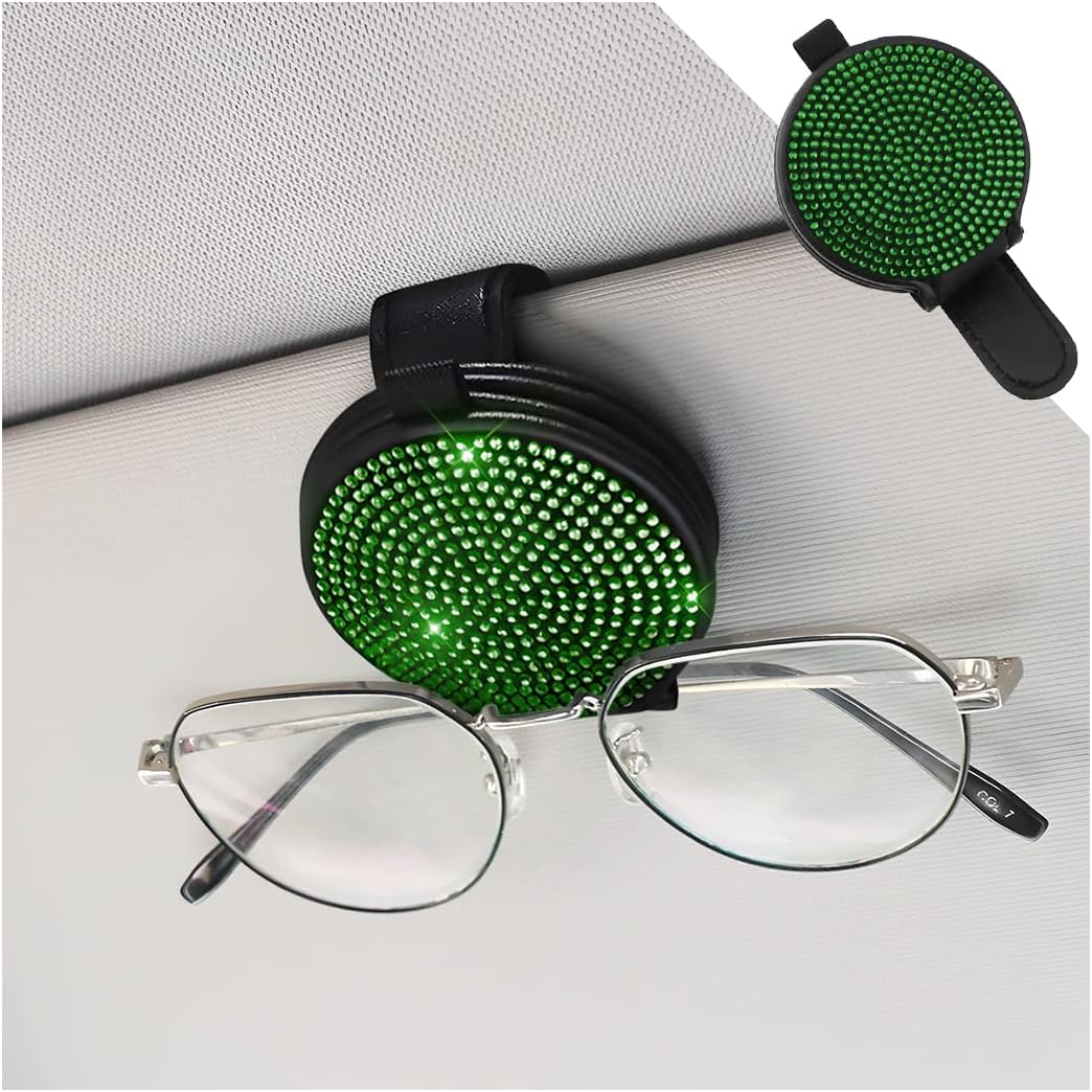 Blilo Soporte brillante para lentes de sol para visera solar de automóvil, soporte magnético de cuero para lentes con clip para tarjeta de boleto,