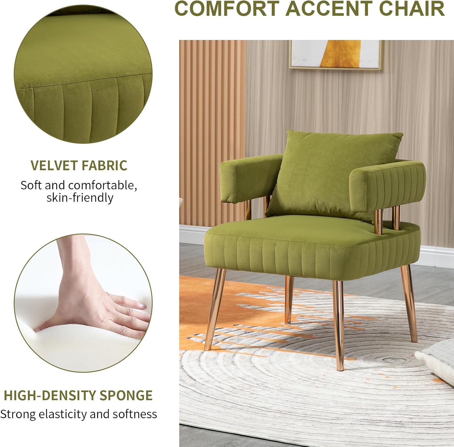 Sillón moderno y decorativo, cómodo sillón tapizado de terciopelo con almohada, respaldo abierto con patas doradas, sillón de lectura para sala de