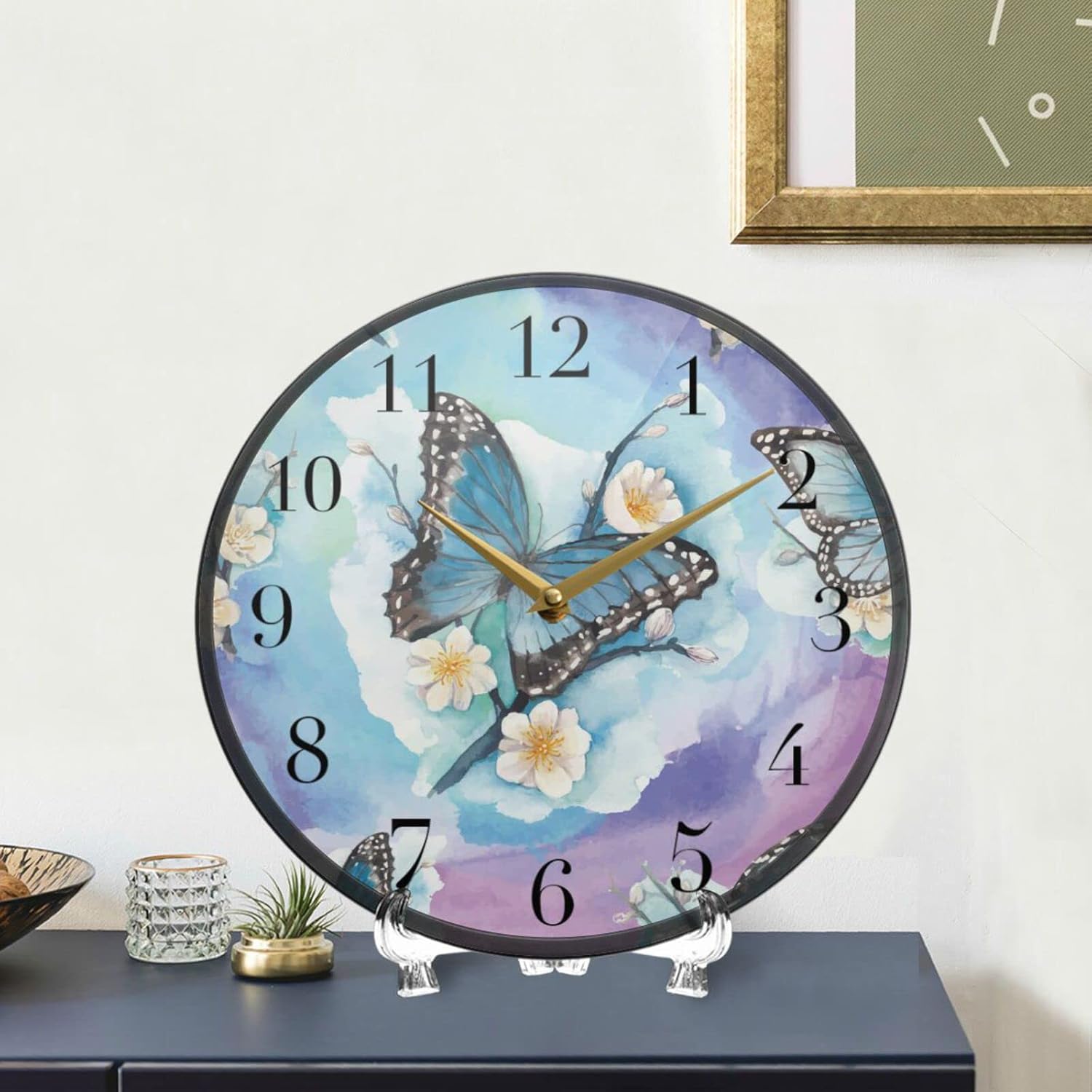 xigua Reloj de pared acrílico con diseño de flores de mariposa y acuarela, silencioso, funciona con pilas, 11.9 pulgadas para el hogar, dormitorio,