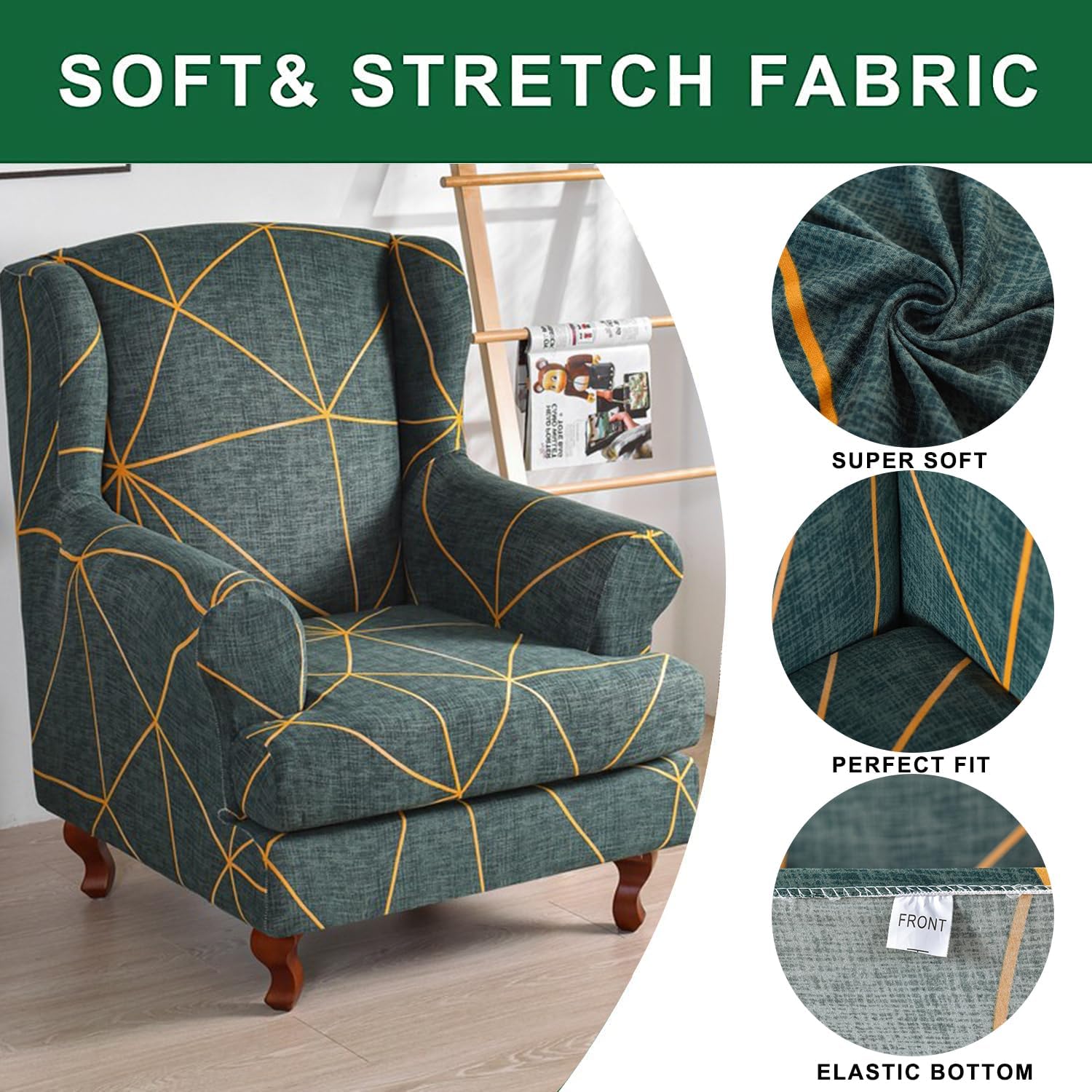 GOSTADY Funda para silla Wingback, 2 piezas, fundas de silla de alta elasticidad, fundas para sillón, estampado de plantas, lavables, fundas de