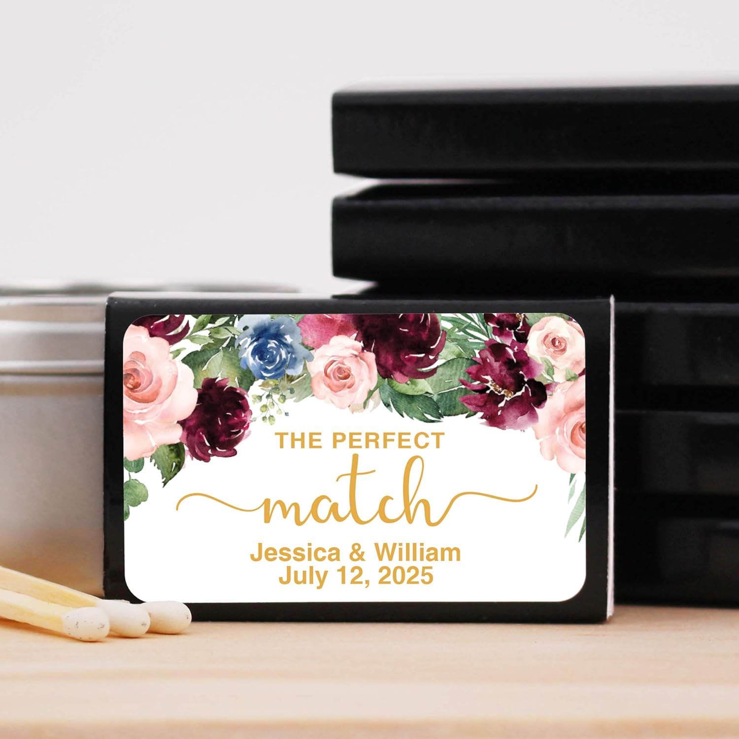 Acuarela Floral Perfecto Match Personalizado Partidos para Favores de Boda – Partidos Personalizados de Boda (Juego de 50 Cajas de Cerillos) (Caja