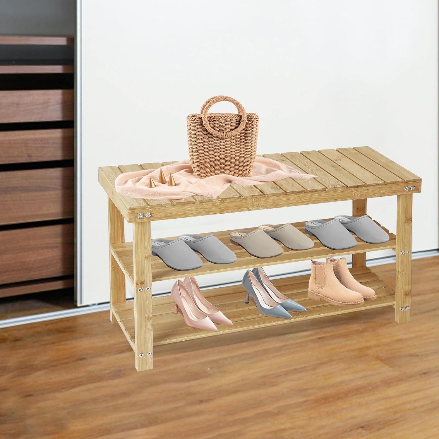 Zapatero de 3 niveles para entrada, almacenamiento de zapatos de bambú, estante organizador de zapatos, estante de almacenamiento de zapatos, banco