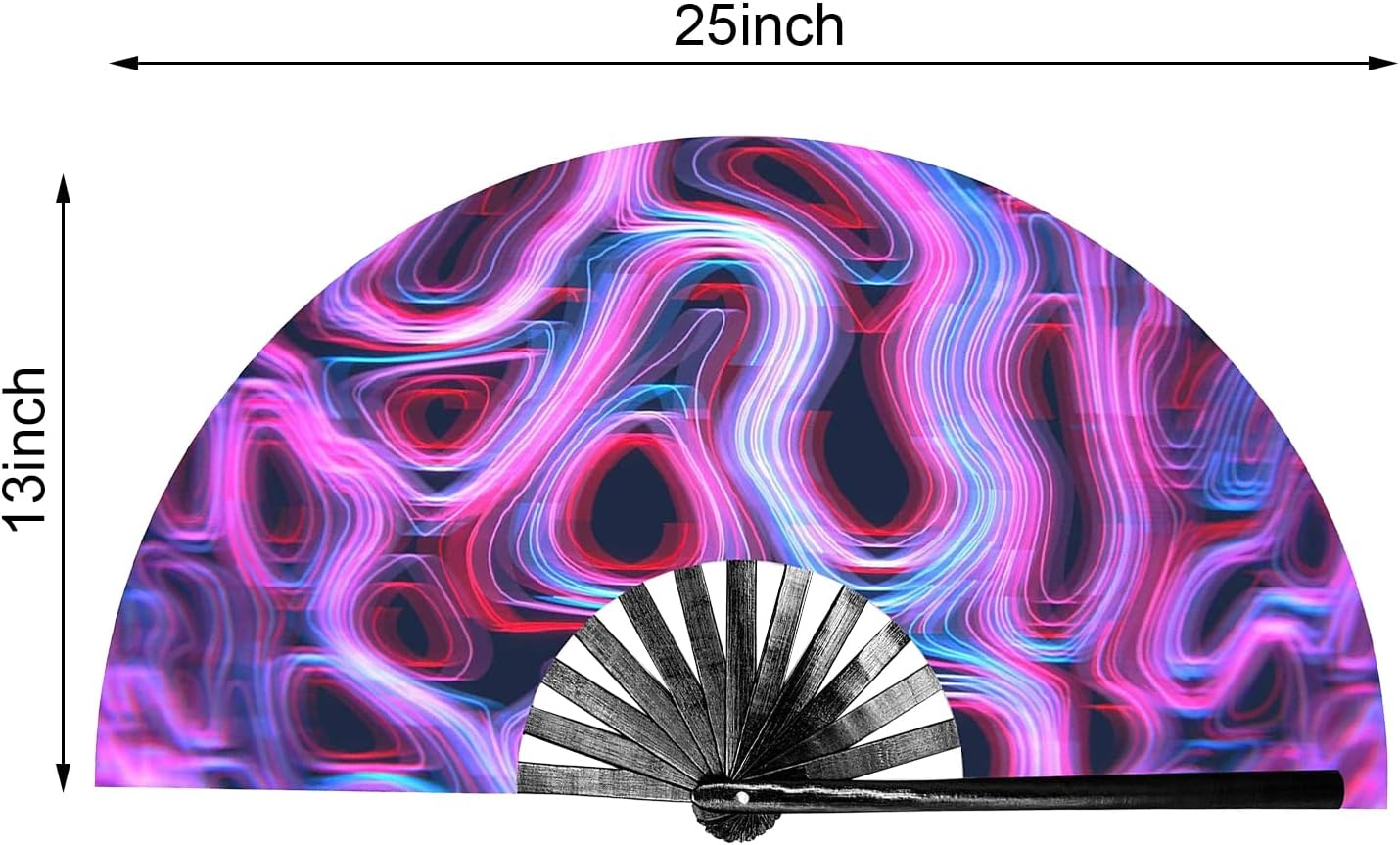 Ventilador de mano plegable grande con brillo UV para mujeres, ventilador plegable de bambú para rave, ventilador de mano plegable para hombres y