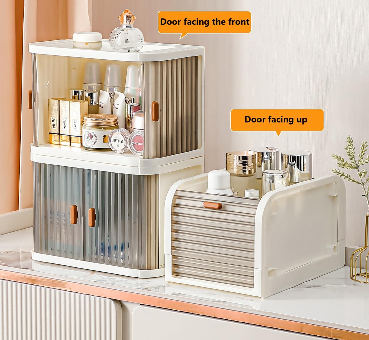 Desktop Organizer,College Dorm Essentials for Girls,Stackable Plastic Storage Bins with Front Doors,Mini Office Organization and Storage Foldablefor