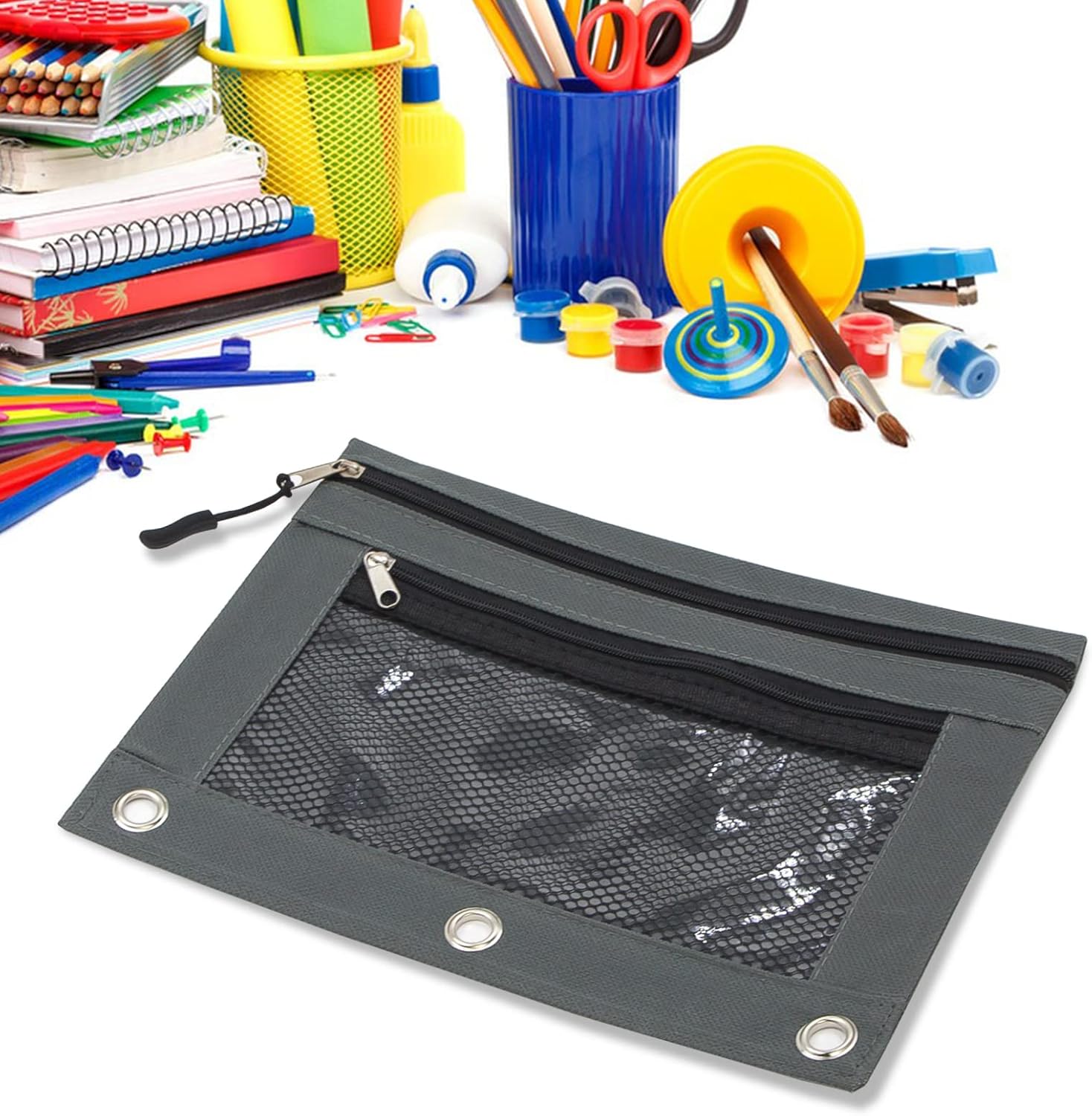 KBD Estuche para lápices de 3 anillos, con cremallera y tiradores de cremallera, bolsa para lápices de doble bolsillo, 3 anillos con ventana