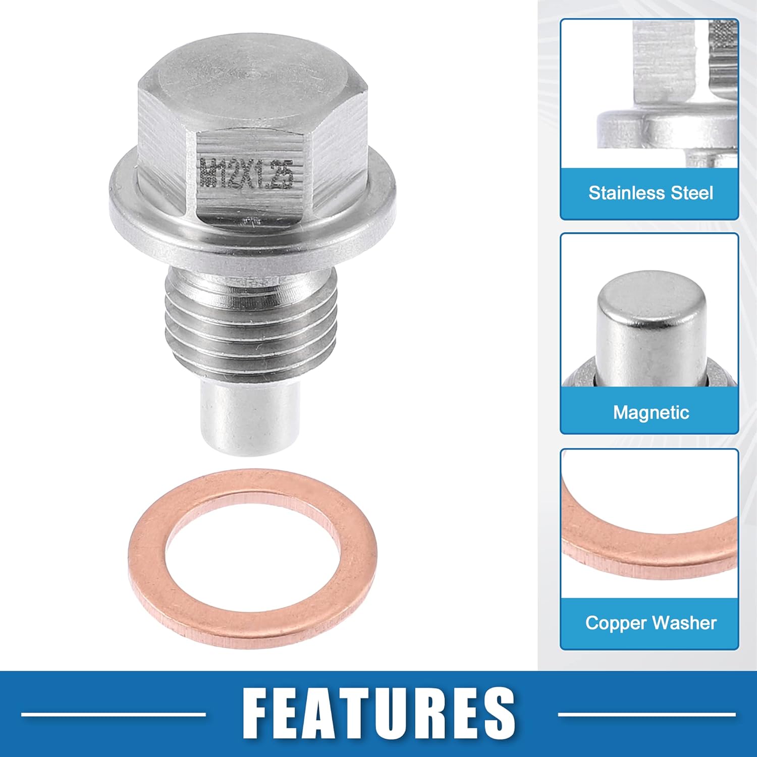 Tapón magnético de drenaje de aceite para motor de vehículo M12x1.25 de acero inoxidable con lavadora de cobre (paquete de 2)