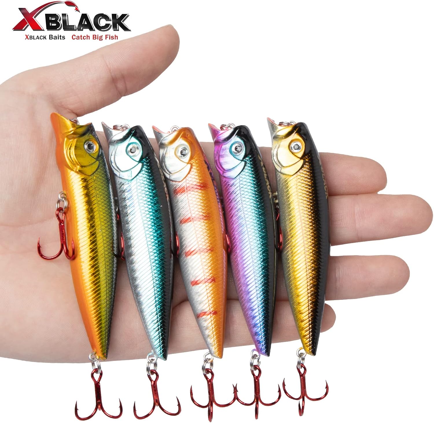 Fishing Lures Set Minnow Crankbaits Pencil Jointed Popper VIB Lures Fishing Lures Kit 5PCS for Bass Trout in Saltwater and Freshwater, XBLACK Baits,