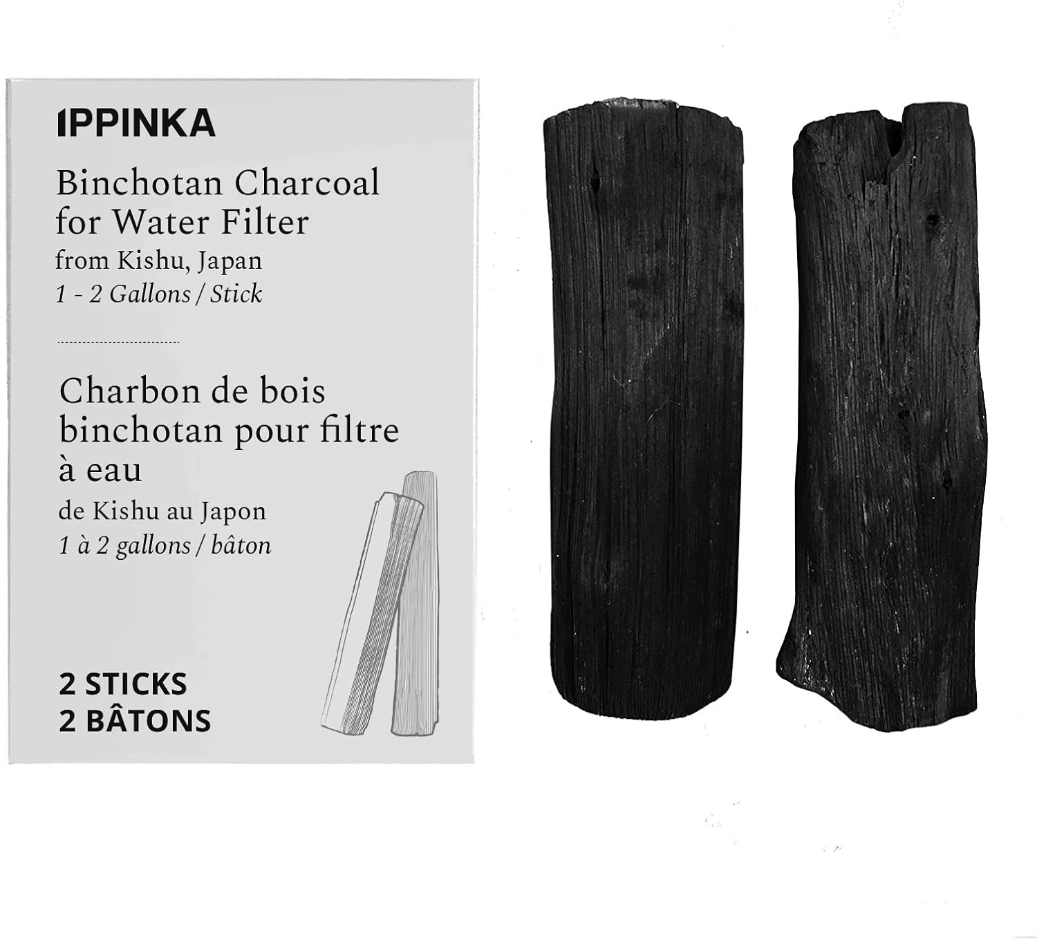 Binchotan Charcoal de Kishu, Japón – Barras purificadoras de agua para agua de gran sabor, 2 varillas, cada barra filtra 1-2 galones de agua