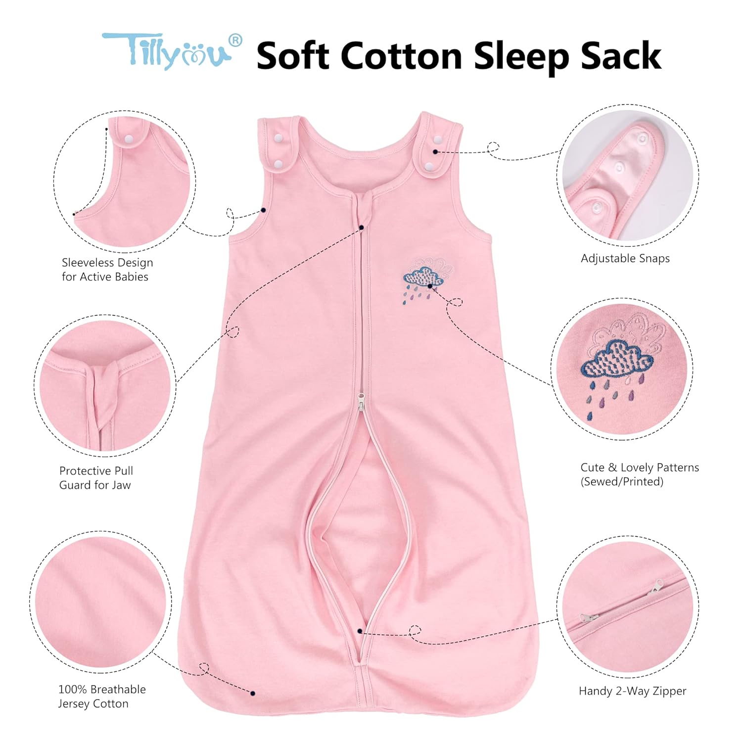 TILLYOU TOG 1 – Saco de dormir de algodón, 2 unidades, manta para bebé con cremallera de 2 vías, saco de dormir extrasuave sin mangas para bebés, de