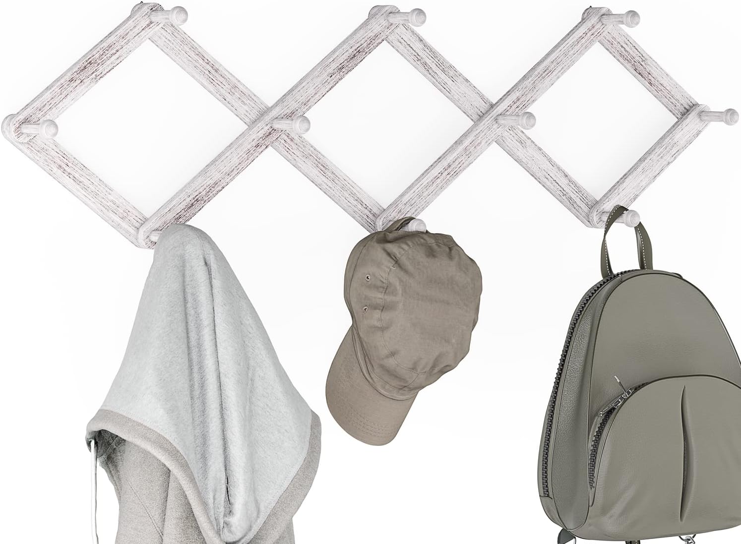 Ballucci Perchero expandible para montaje en pared, estilo acordeón ajustable, 10 clavijas, color blanco cepillado