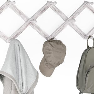 Ballucci Perchero expandible para montaje en pared, estilo acordeón ajustable, 10 clavijas, color blanco cepillado Ballucci Perchero expandible para montaje en pared, estilo acordeón ajustable, 10 clavijas, color blanco cepillado