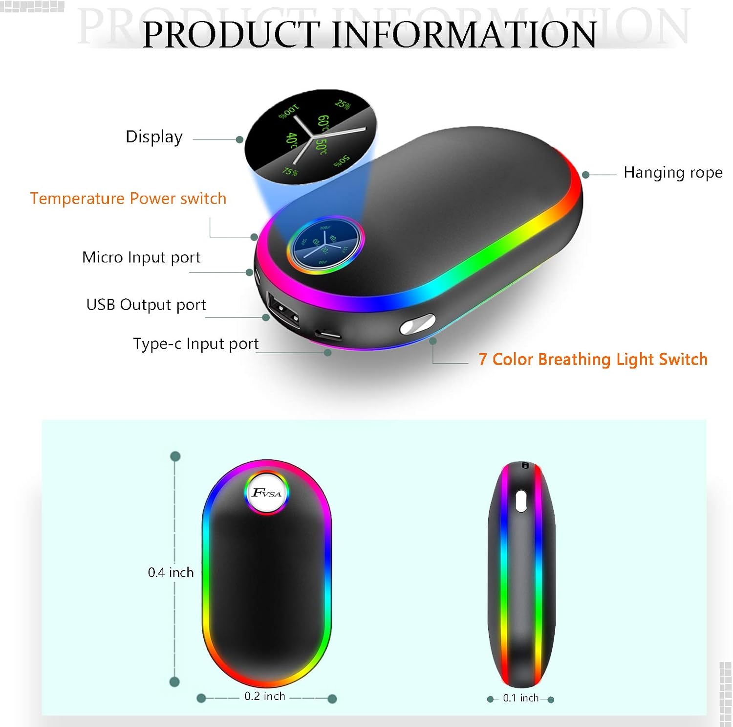 Rechargeable Hand Warmer – Christmas Stocking Stuffers Gifts, 7 Changing Colors Lights Electric Hand Warmers 10000Mah, (13-18 Hours) Portable USB