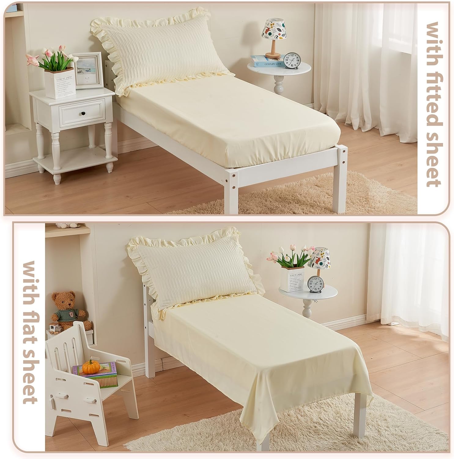 Juego de ropa de cama de 4 piezas con textura de sirsaca para niñas, juego de sábanas para cuna, color beige, con volantes, ropa de cama suave y
