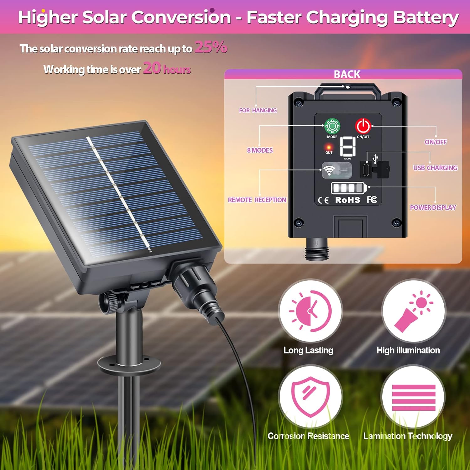 Luces solares Grden, paquete de 8 luces solares oscilantes mejoradas, luces de luciérnaga multicolor cambiantes, impermeables con control remoto, 8